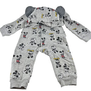 Disney Baby Jumpsuit 6M Mickey Mouse Gray Hooded Zip One Piece